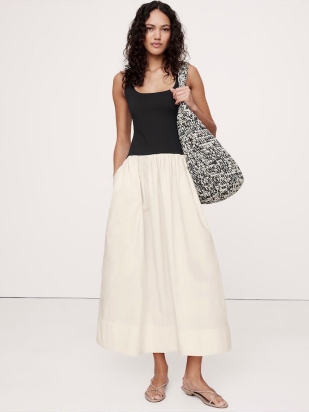 Banana Republic Cream & Black Square Neck Drop-Waist Midi Tank Dress Small